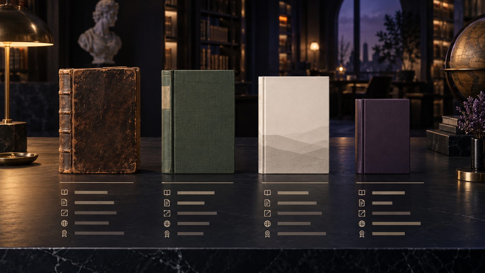 Illustration of four book editions aligned above matching catalogue field symbols