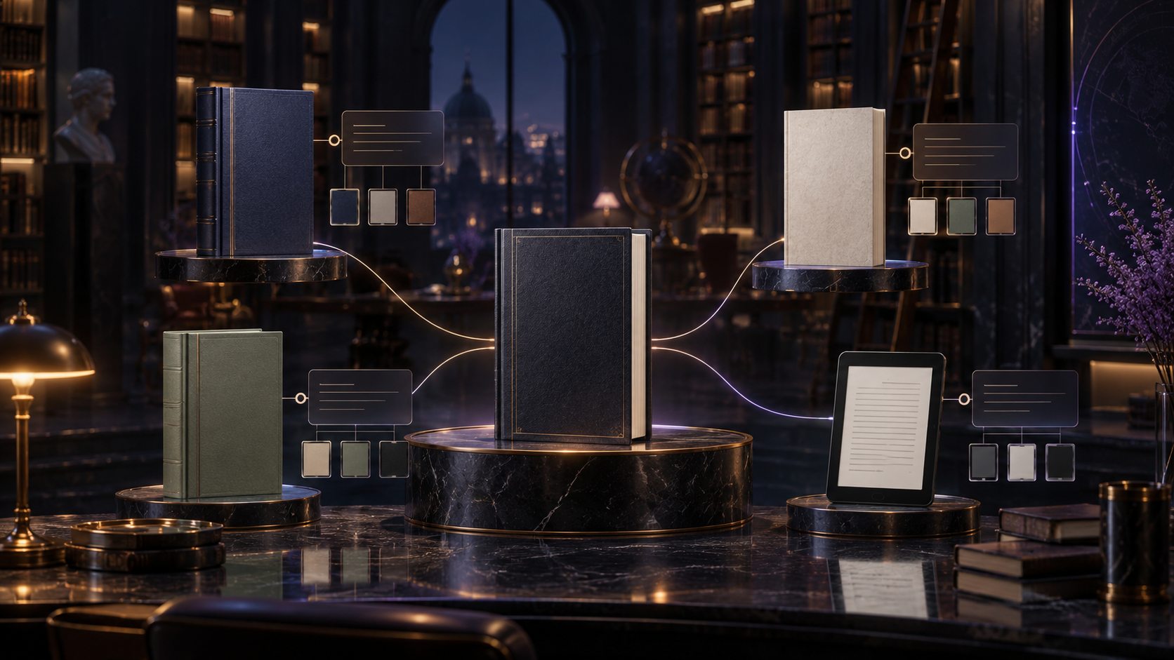 Illustration of one book work connected to several physical editions and an electronic reader