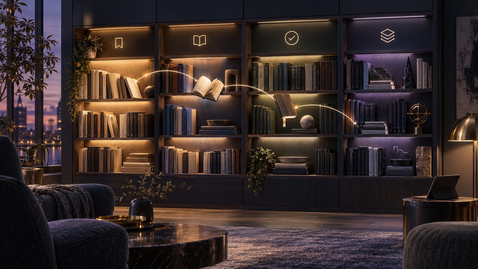 Illustration of books grouped on personal reading shelves with reading-intent symbols