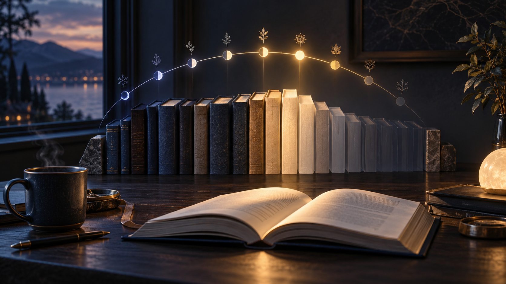 Illustration of books, an open reading volume and a calendar progress curve