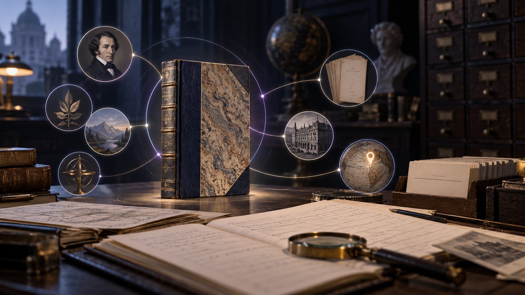 Illustration of a catalogue book connected to an author and supporting record documents